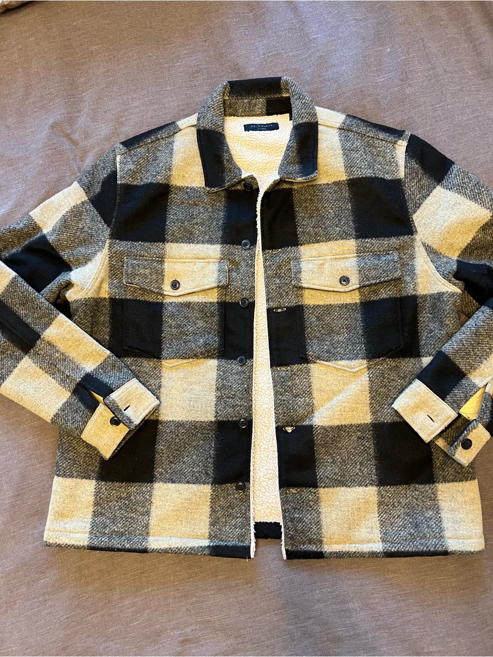 AllSaints Black & Cream Plaid Sherpa-Lined Shacket